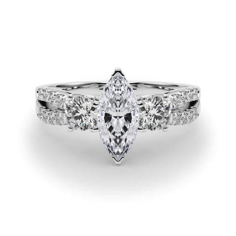 Silver Marquise Three-Stone Diamond Ring with Pavé Split Shank and Four-Prong Setting