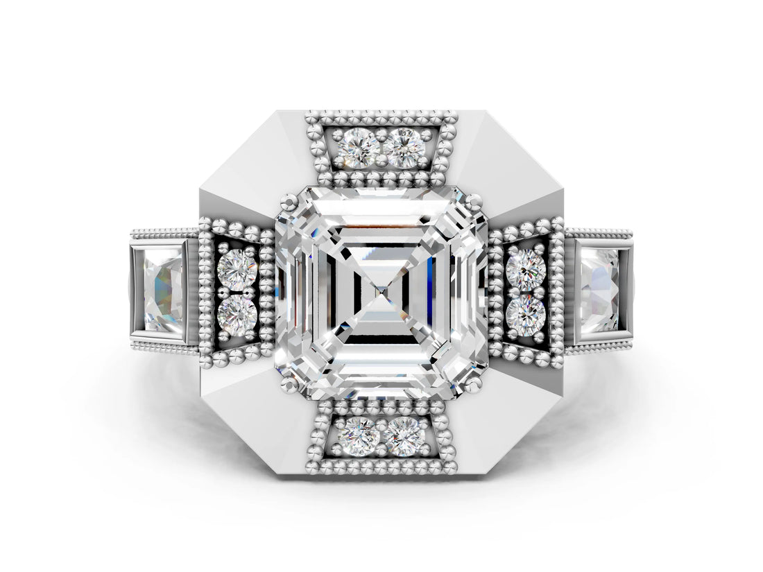 Silver Milgrain Asscher Cut Diamond Halo Split Shank Ring_12