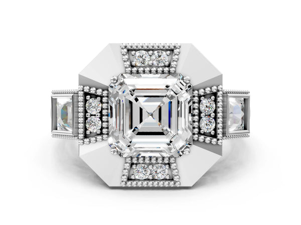 Sterling Silver Asscher Cut Vintage Halo Engagement Ring Setting - Design RJ-711