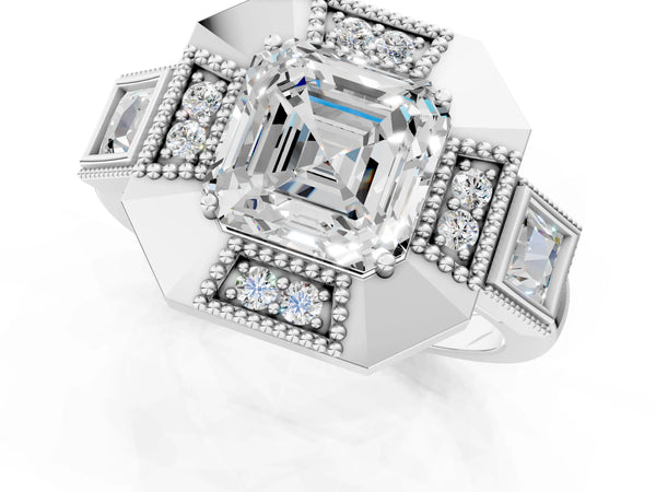 Sterling Silver Asscher Cut Vintage Halo Engagement Ring Setting - Design RJ-711