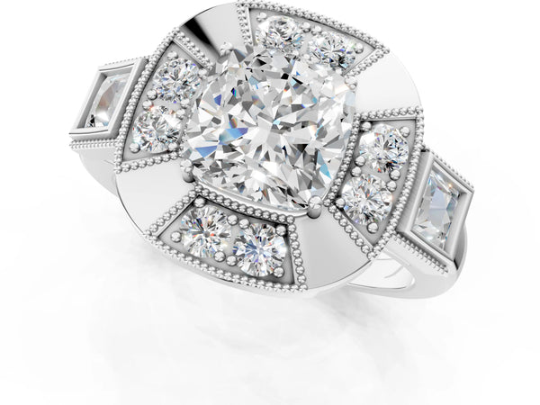 Sterling Silver Cushion Cut Vintage Halo Engagement Ring Setting - Design RJ-711