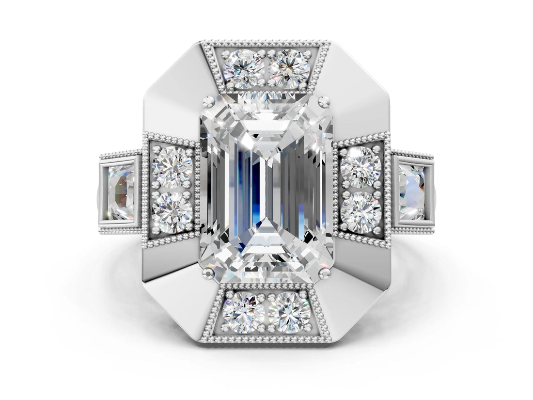 Silver Milgrain Emerald Cut Diamond Halo Split Shank Ring_12