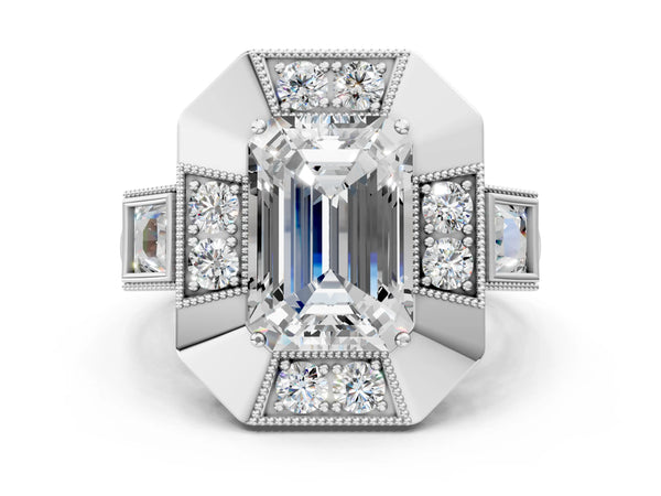 Sterling Silver Emerald Cut Vintage Halo Engagement Ring Setting - Design RJ-711