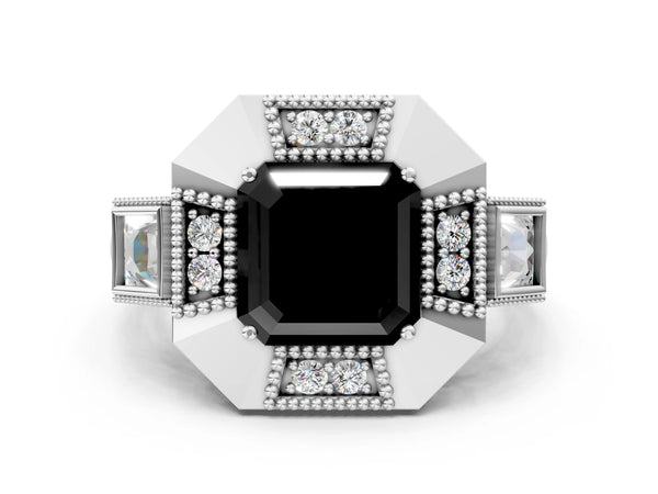 Sterling Silver Asscher Cut Vintage Milgrain Halo Engagement Ring Setting for Black Center