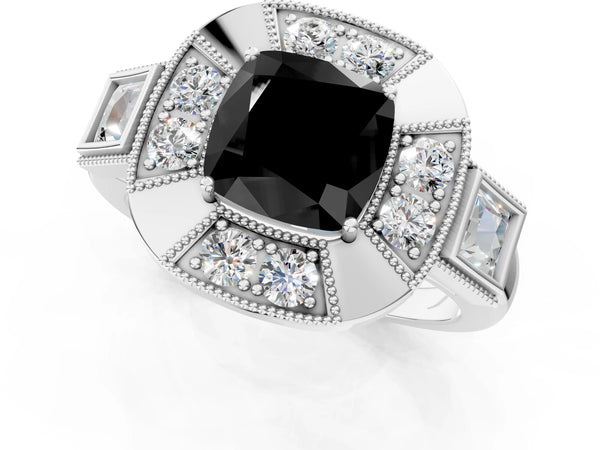 Sterling Silver Cushion Cut Vintage Milgrain Halo Engagement Ring Setting for Black Center