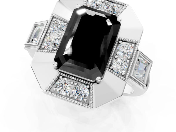Sterling Silver Emerald Cut Vintage Milgrain Halo Engagement Ring Setting for Black Center