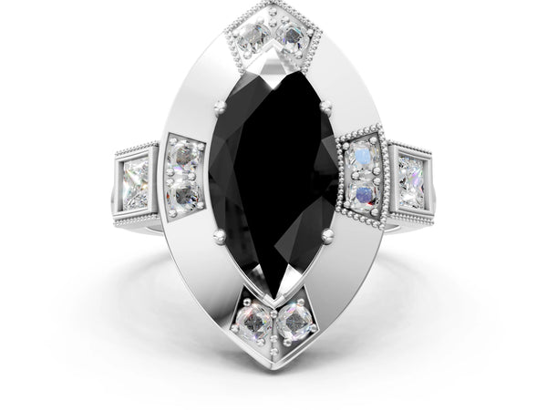 Sterling Silver Marquise Vintage Milgrain Halo Engagement Ring Setting for Black Center