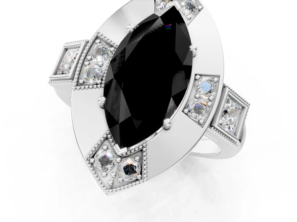 Sterling Silver Marquise Vintage Milgrain Halo Engagement Ring Setting for Black Center