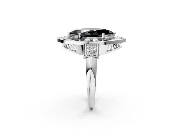 Sterling Silver Marquise Vintage Milgrain Halo Engagement Ring Setting for Black Center