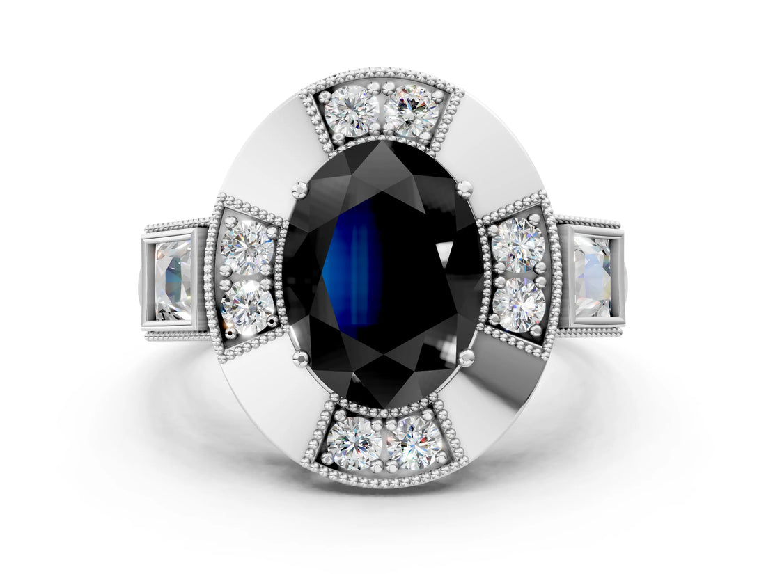 Silver Milgrain Fancy Black Oval Cut Diamond Halo Split Shank Ring_6