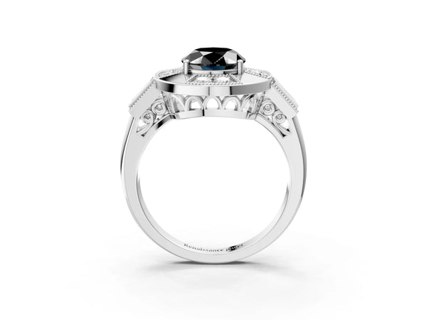 Sterling Silver Oval Vintage Milgrain Halo Engagement Ring Setting for Black Center