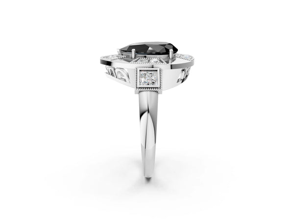 Sterling Silver Pear-Shaped Vintage Milgrain Halo Engagement Ring Setting for Black Center