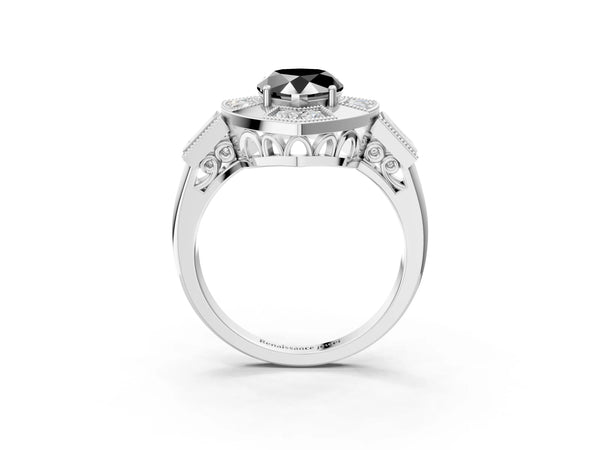 Sterling Silver Pear-Shaped Vintage Milgrain Halo Engagement Ring Setting for Black Center