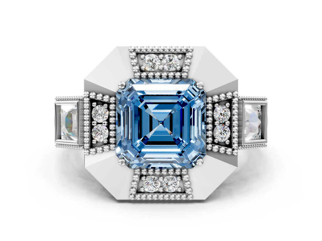 Silver Milgrain Fancy Blue Asscher Cut Diamond Halo Split Shank Ring_12