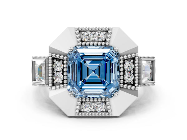 Sterling Silver Asscher Cut Vintage Halo Engagement Ring Setting for Fancy Blue Center - Design RJ-711