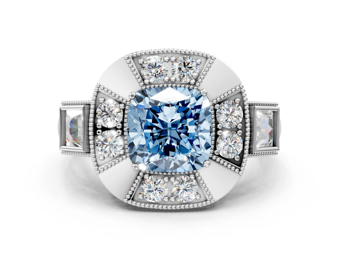 Silver Milgrain Fancy Blue Cushion Cut Diamond Halo Split Shank Ring_30