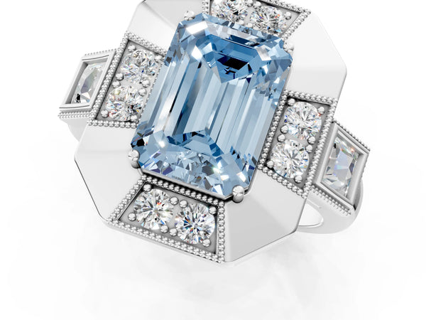 Sterling Silver Emerald Cut Vintage Halo Engagement Ring Setting for Fancy Blue Center - Design RJ-711