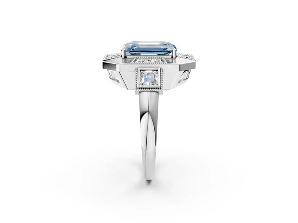 Sterling Silver Emerald Cut Vintage Halo Engagement Ring Setting for Fancy Blue Center - Design RJ-711