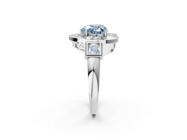 Sterling Silver Heart-Shaped Vintage Halo Engagement Ring Setting for Fancy Blue Center - Design RJ-711