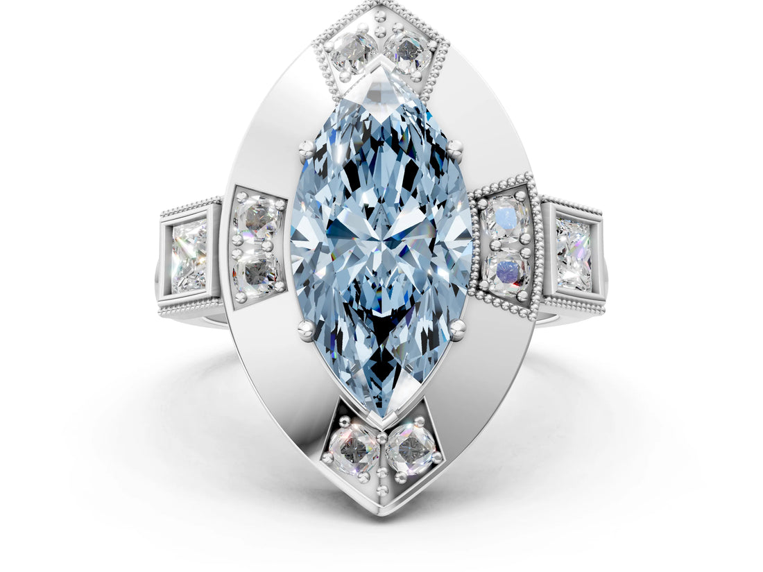 Silver Milgrain Fancy Blue Marquise Cut Diamond Halo Split Shank Ring_6