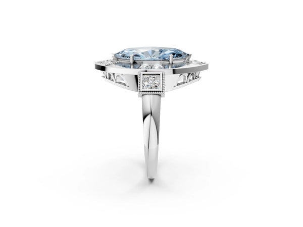 Sterling Silver Marquise Vintage Halo Engagement Ring Setting for Fancy Blue Center - Design RJ-711