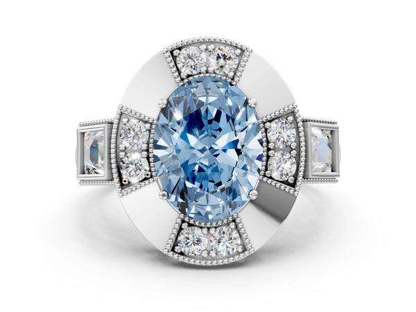 Sterling Silver Oval Vintage Halo Engagement Ring Setting for Fancy Blue Center - Design RJ-711