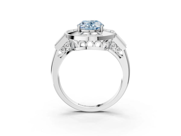 Sterling Silver Oval Vintage Halo Engagement Ring Setting for Fancy Blue Center - Design RJ-711