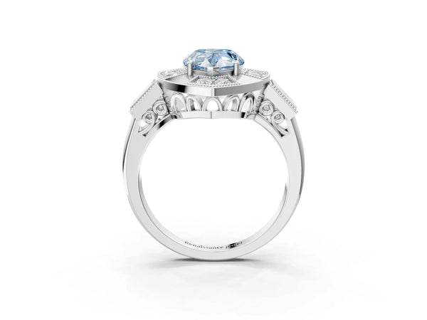 Sterling Silver Pear-Shaped Vintage Halo Engagement Ring Setting for Fancy Blue Center - Design RJ-711
