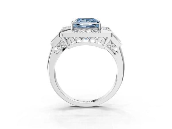 Sterling Silver Princess Cut Vintage Halo Engagement Ring Setting for Fancy Blue Center - Design RJ-711