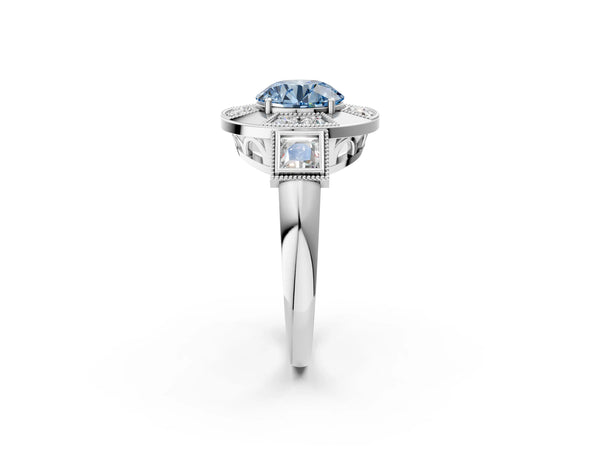Sterling Silver Round Vintage Halo Engagement Ring Setting for Fancy Blue Center - Design RJ-711