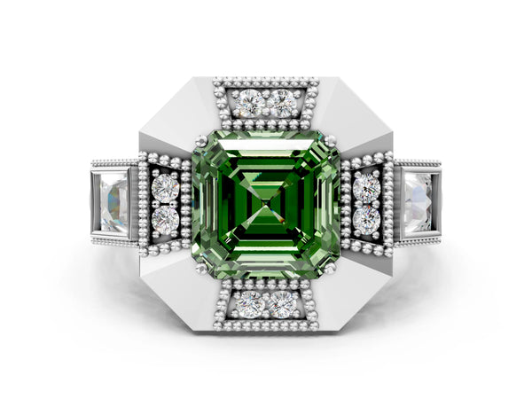 Sterling Silver Asscher Cut Vintage Halo Engagement Ring Setting for Fancy Green Center - Design RJ-711