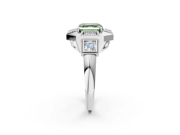 Sterling Silver Asscher Cut Vintage Halo Engagement Ring Setting for Fancy Green Center - Design RJ-711