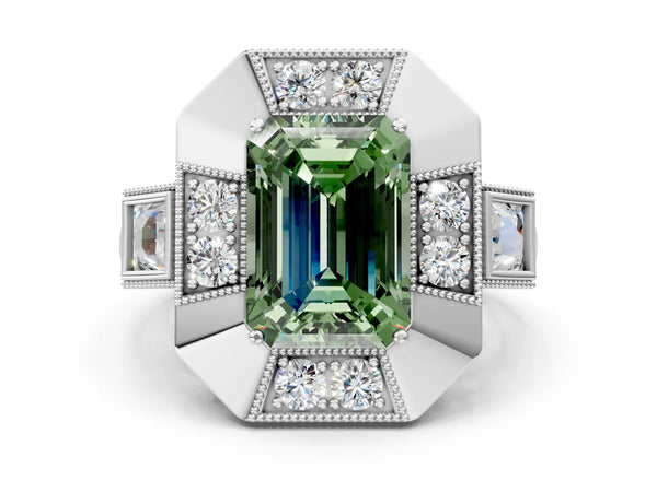 Sterling Silver Emerald Cut Vintage Halo Engagement Ring Setting for Fancy Green Center - Design RJ-711