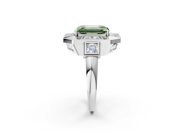 Sterling Silver Emerald Cut Vintage Halo Engagement Ring Setting for Fancy Green Center - Design RJ-711