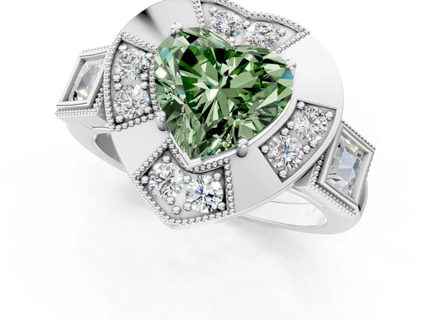Sterling Silver Heart-Shaped Vintage Halo Engagement Ring Setting for Fancy Green Center - Design RJ-711
