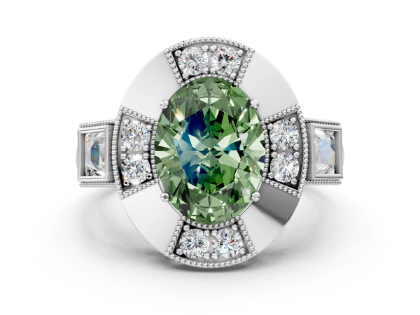Sterling Silver Oval Vintage Halo Engagement Ring Setting for Fancy Green Center - Design RJ-711