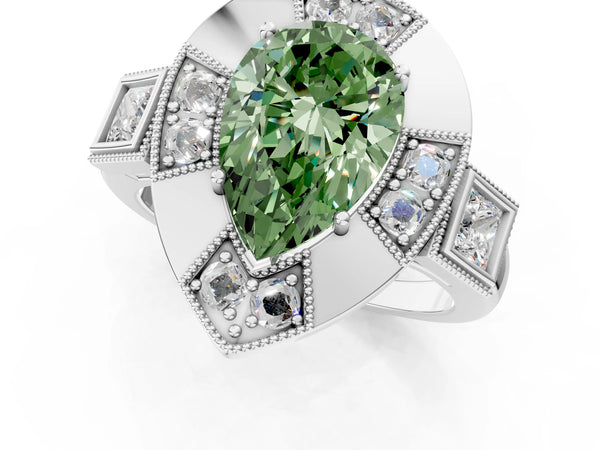 Sterling Silver Pear-Shaped Vintage Halo Engagement Ring Setting for Fancy Green Center - Design RJ-711