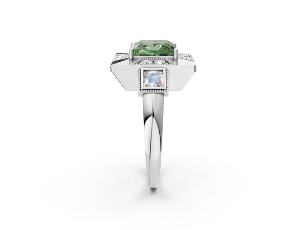 Sterling Silver Princess Cut Vintage Halo Engagement Ring Setting for Fancy Green Center - Design RJ-711