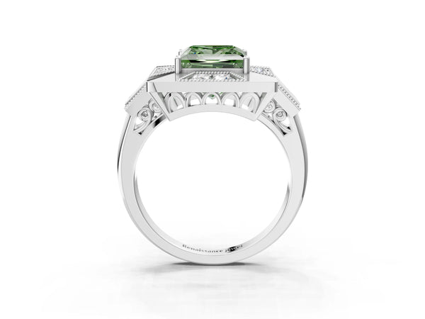 Sterling Silver Princess Cut Vintage Halo Engagement Ring Setting for Fancy Green Center - Design RJ-711