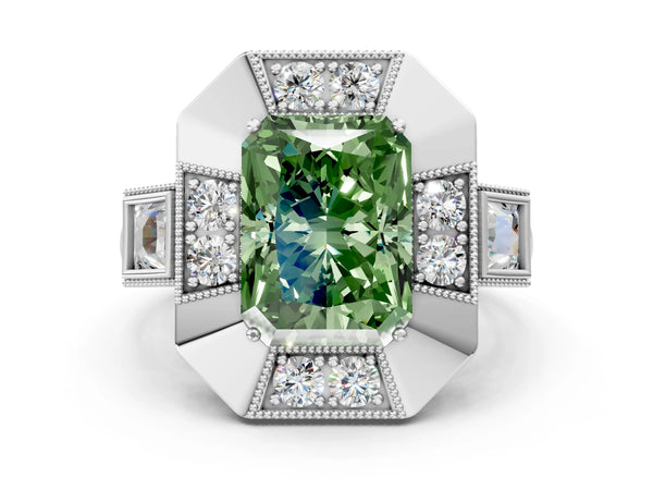 Sterling Silver Radiant Cut Vintage Halo Engagement Ring Setting for Fancy Green Center - Design RJ-711