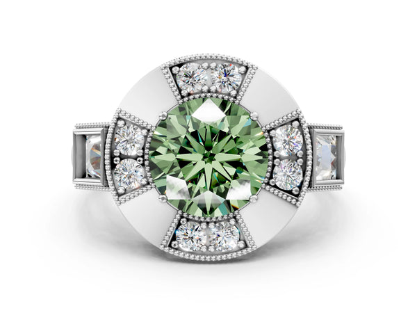 Sterling Silver Round Vintage Halo Engagement Ring Setting for Fancy Green Center - Design RJ-711
