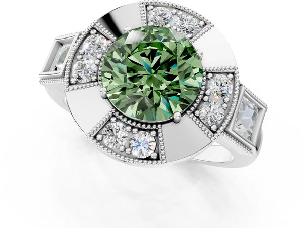 Sterling Silver Round Vintage Halo Engagement Ring Setting for Fancy Green Center - Design RJ-711