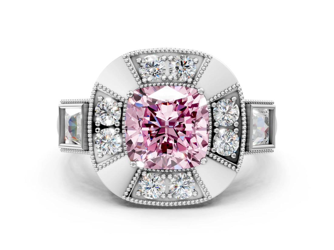 Silver Milgrain Fancy Pink Cushion Cut Diamond Halo Split Shank Ring_6