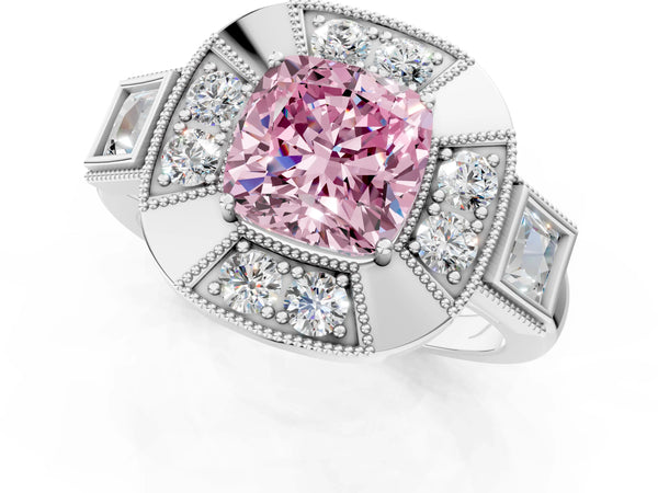 Sterling Silver Cushion Cut Vintage Halo Engagement Ring Setting for Fancy Pink Center - Design RJ-711