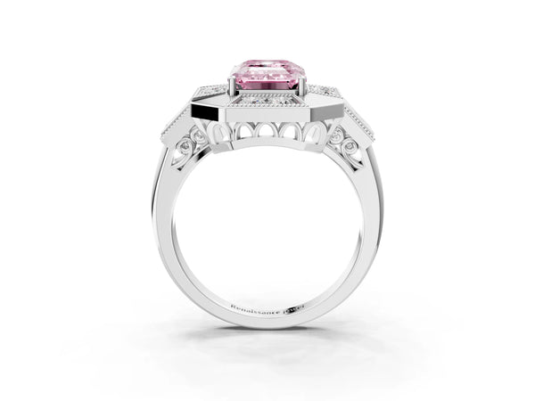 Sterling Silver Emerald Cut Vintage Halo Engagement Ring Setting for Fancy Pink Center - Design RJ-711