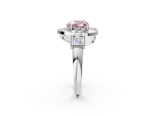 Sterling Silver Heart-Shaped Vintage Halo Engagement Ring Setting for Fancy Pink Center - Design RJ-711
