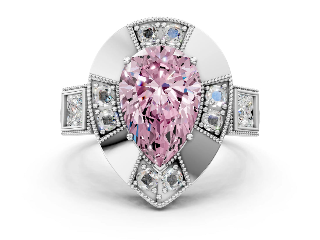Silver Milgrain Fancy Pink Pear Cut Diamond Halo Split Shank Ring_54