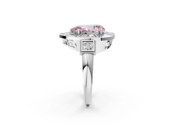 Sterling Silver Pear-Shaped Vintage Halo Engagement Ring Setting for Fancy Pink Center - Design RJ-711