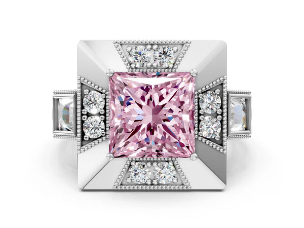 Sterling Silver Princess Cut Vintage Halo Engagement Ring Setting for Fancy Pink Center - Design RJ-711