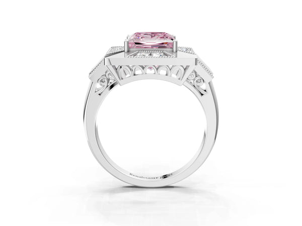 Sterling Silver Princess Cut Vintage Halo Engagement Ring Setting for Fancy Pink Center - Design RJ-711
